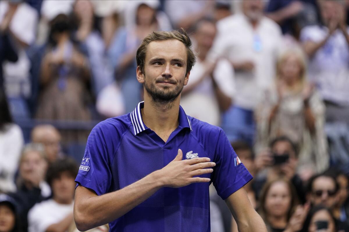 Daniil Medvedev reacts after defeating Felix Auger-Aliassime during the U.S. Open semifinals Sept. 10, 2021.