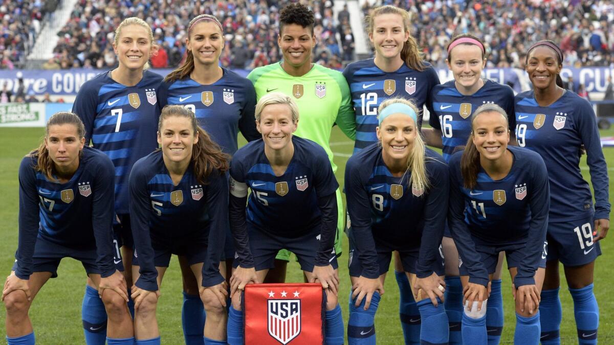 The starting 11 for the U.S. women's national soccer team poses before a SheBelieves Cup match against England on March 2 in Nashville.