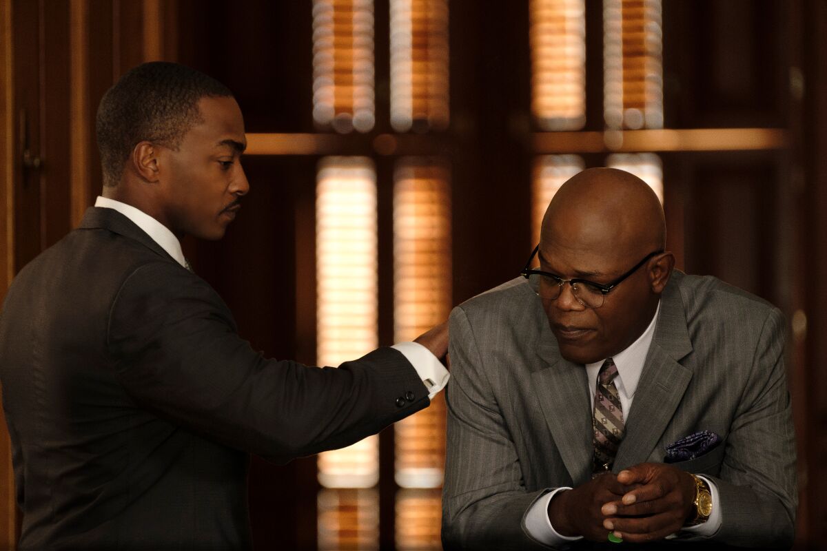 Anthony Mackie and Samuel L. Jackson costar in the fact-based drama “The Banker.”