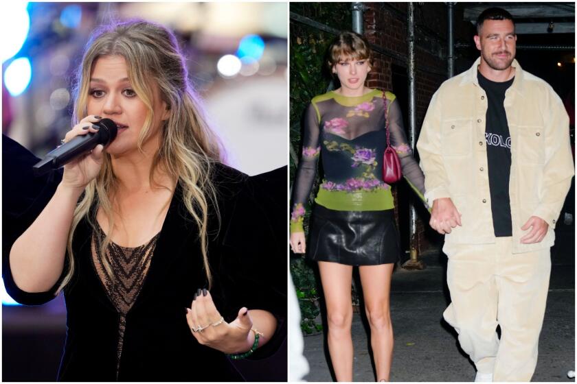 Spilt: left, Kelly Clarkson wears black dress; right, Taylor Swift wears green/black dress and Travis Kelce