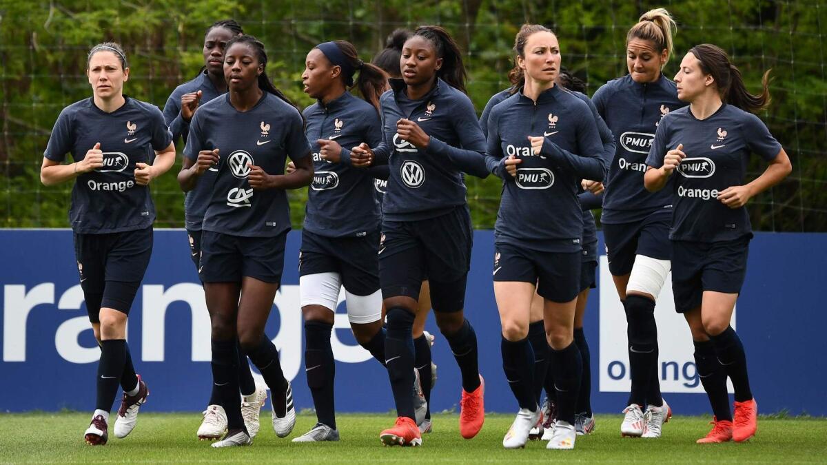 Players from the French national team train at Clairefontaine, the national soccer academy just outside Paris, on May 30 ahead of the Women's World Cup.