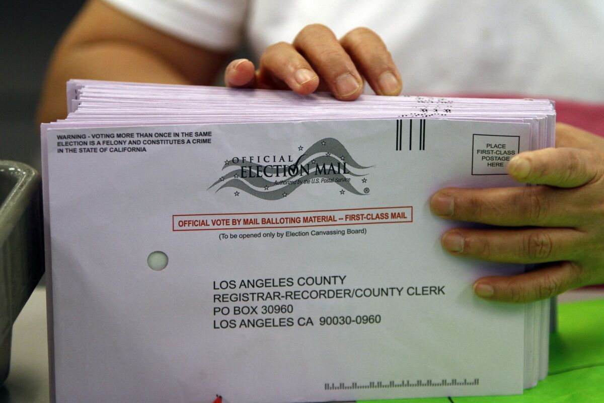 Mail ballots in Los Angeles County. Two Hawthorne men have been charged with committing voter fraud 