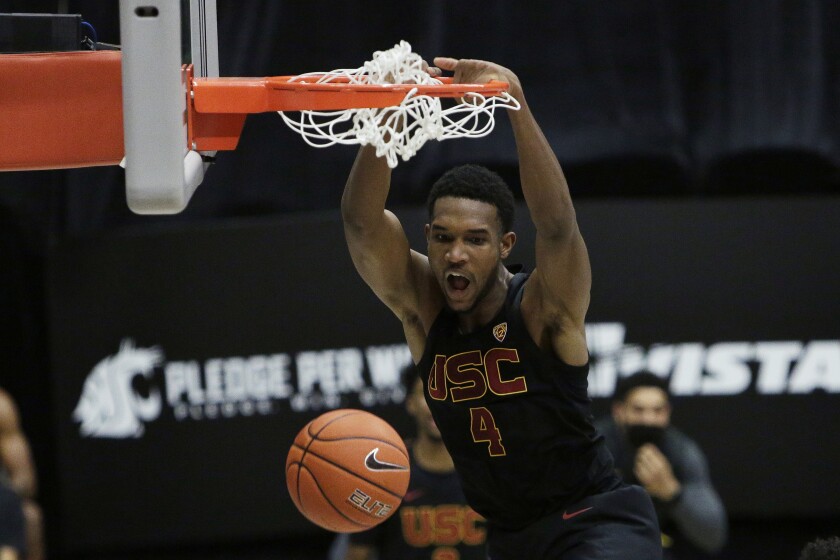 USC's Evan Mobley dunks during the second half of the Trojans' win at Washington State on Feb. 13.
