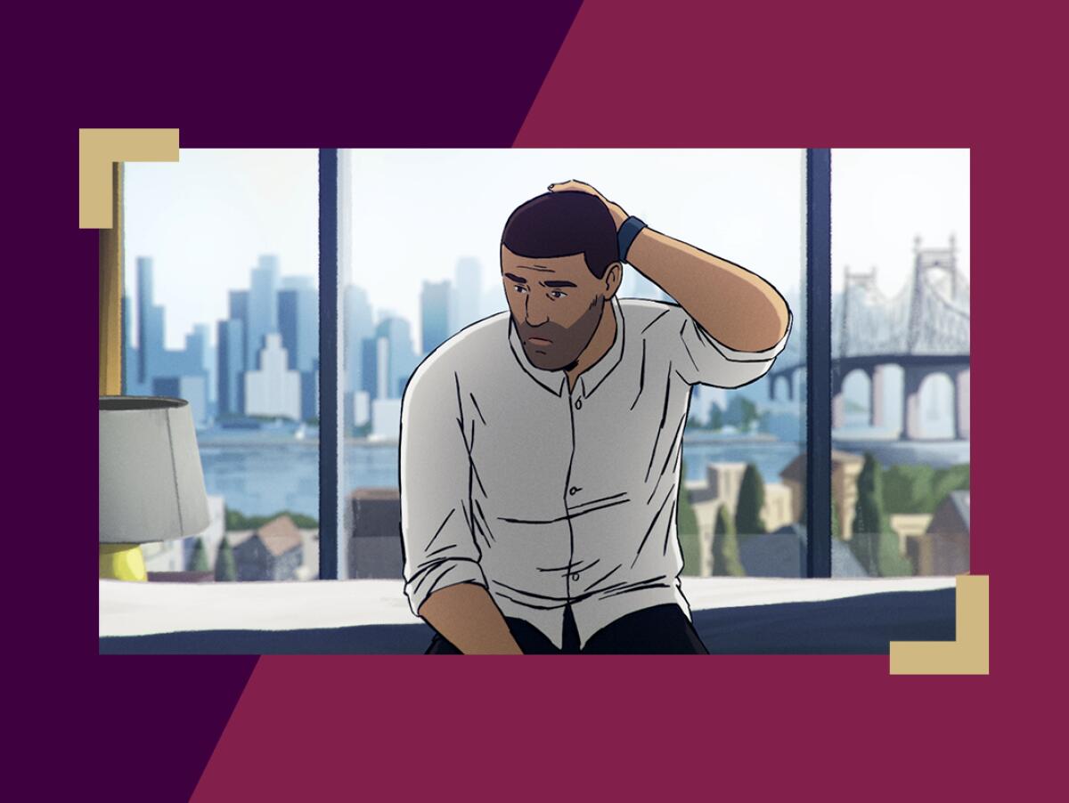 Scene of a man sitting at a window in the animated film "Flee."