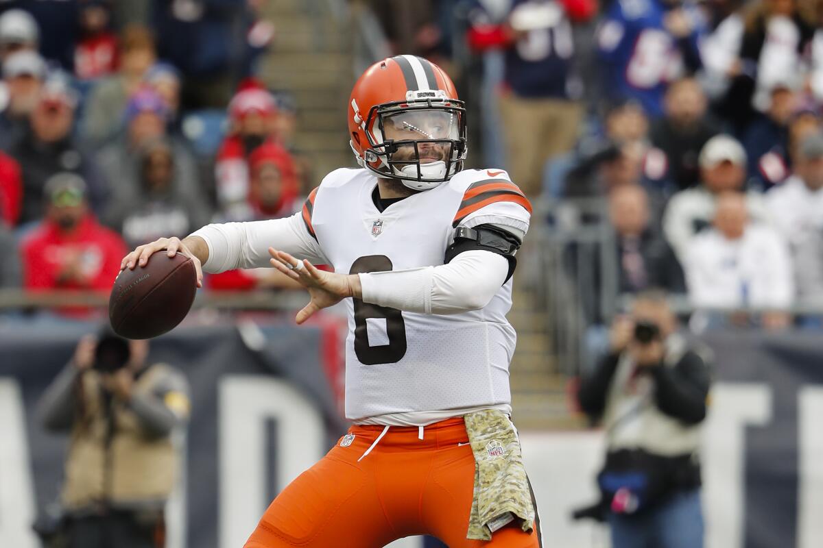 Cleveland Browns quarterback Baker Mayfield passes against the New England Patriots.