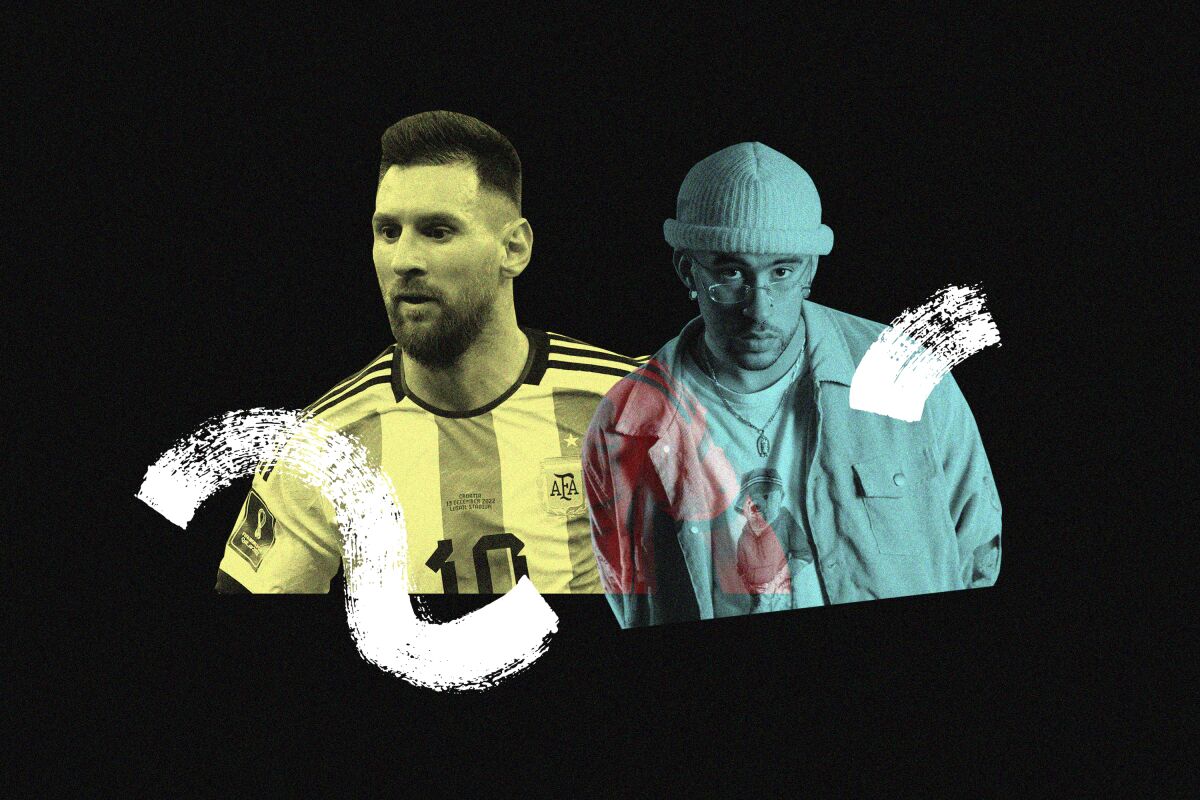 Portraits of Lionel Messi and Bad Bunny, with patterned squiggles on top 