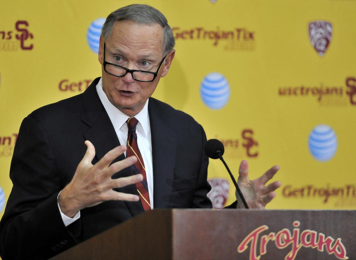 USC Athletic Director Pat Haden speaks at a news conference on Oct. 23.