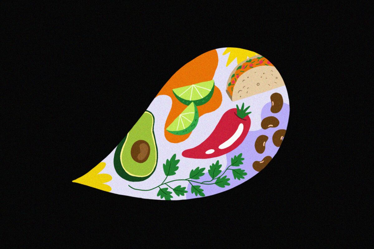 Speech bubble with images of an avocado, a chile, a taco, limes, cilantro and beans.