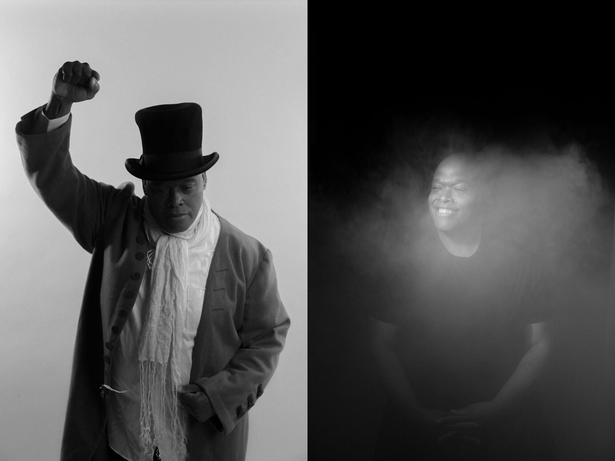 A split image shows a man in a top hat raising his fist, left, and smiling surrounded by mist, right.