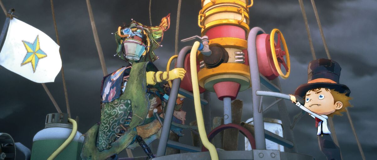 A garbage creature and a boy operating machinery in an animated movie.