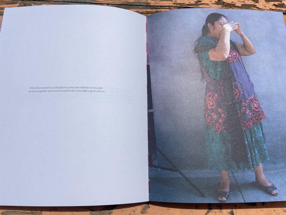 The right page of an open book shows a woman standing and gesturing with her hands