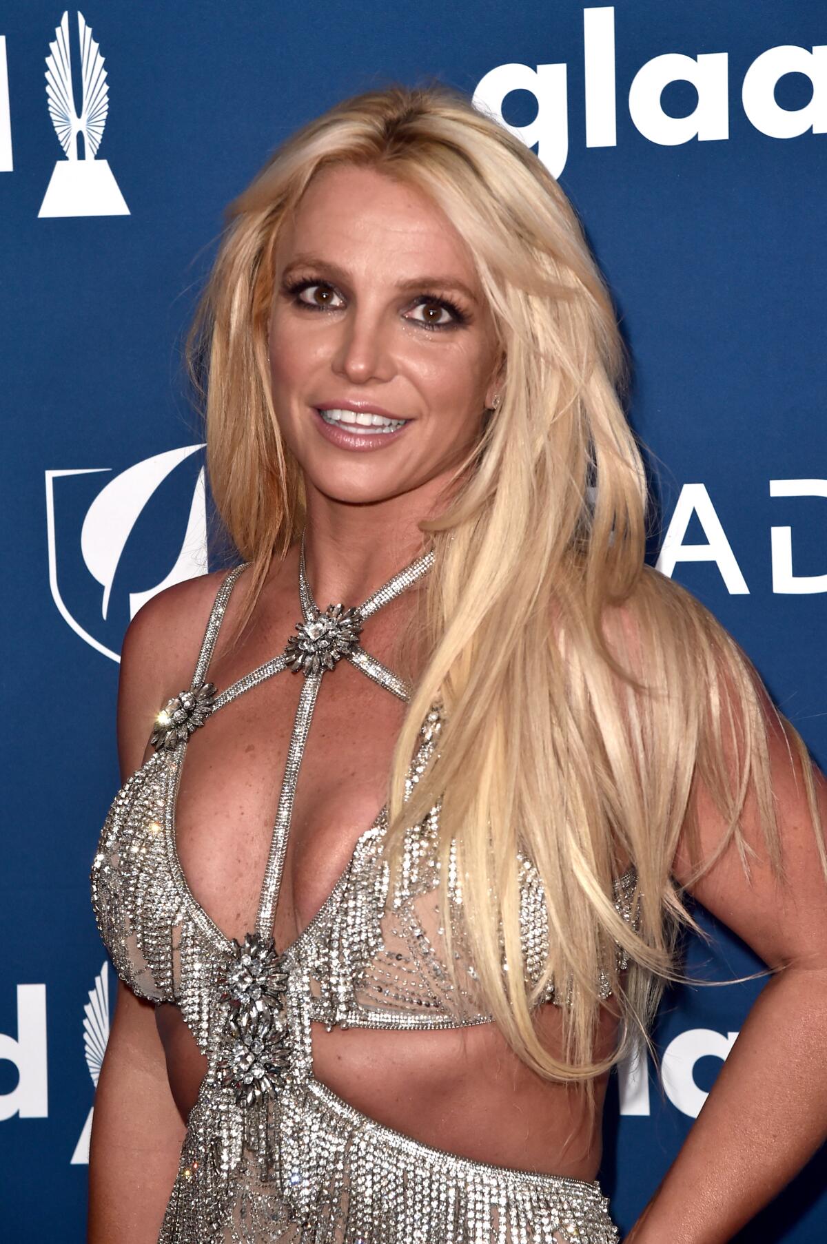 A woman with long, blond hair posing in a silver dress