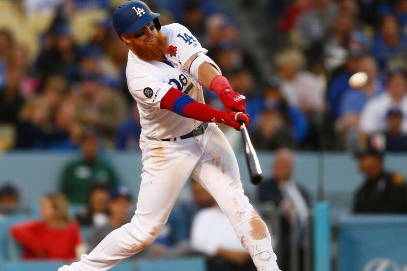 LOS ANGELES, CALIF. - MAY 27: Los Angeles Dodgers third baseman Justin Turner (10) doubled to deep right in the bottom of the 6th inning of a Major League Baseball game against the New York Mets at Dodger Stadium on Monday, May 27, 2019 in Los Angeles, Calif. (Kent Nishimura / Los Angeles Times)