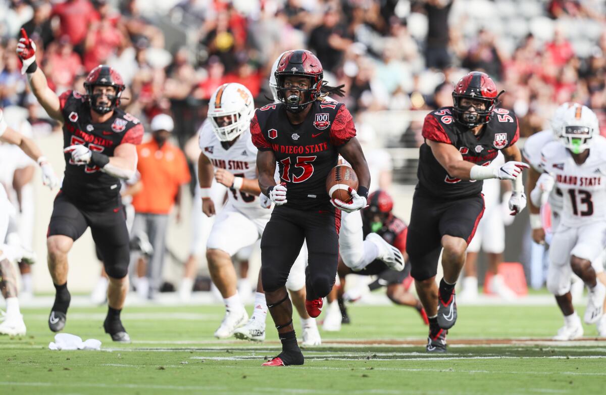 San Diego State's Jordan Byrd runs away from Idaho State defenders in the Aztecs' 2022 win.
