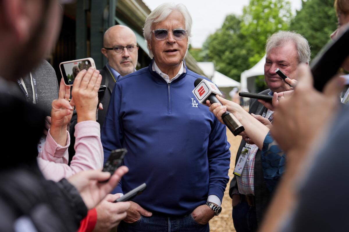 Trainer Bob Baffert speaks with reporters Friday ahead of the 149th running of the Preakness Stakes horse race.