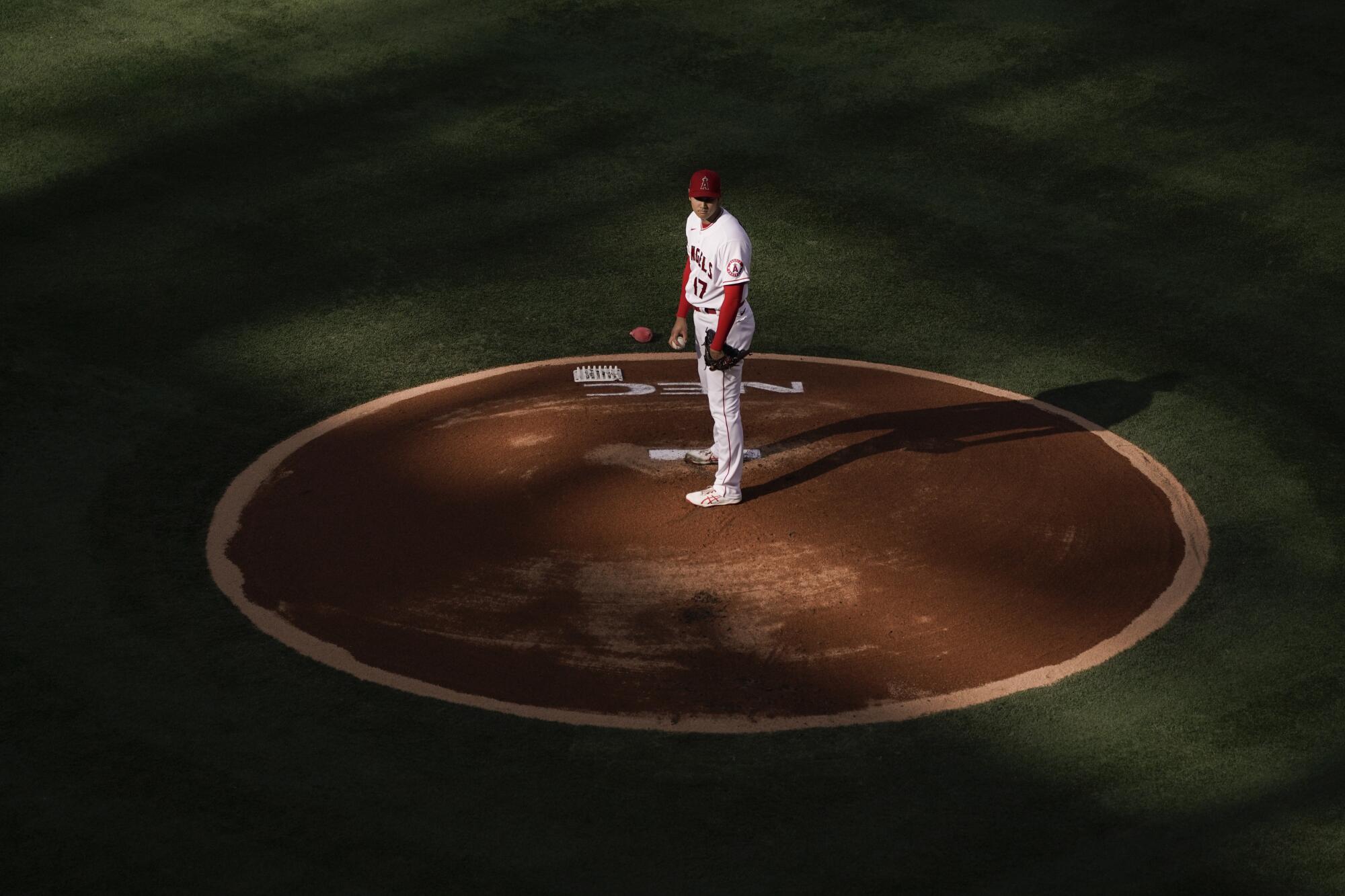 Angels starting pitcher Shohei Ohtani stands on the mound against the Cleveland Indians on May 19.