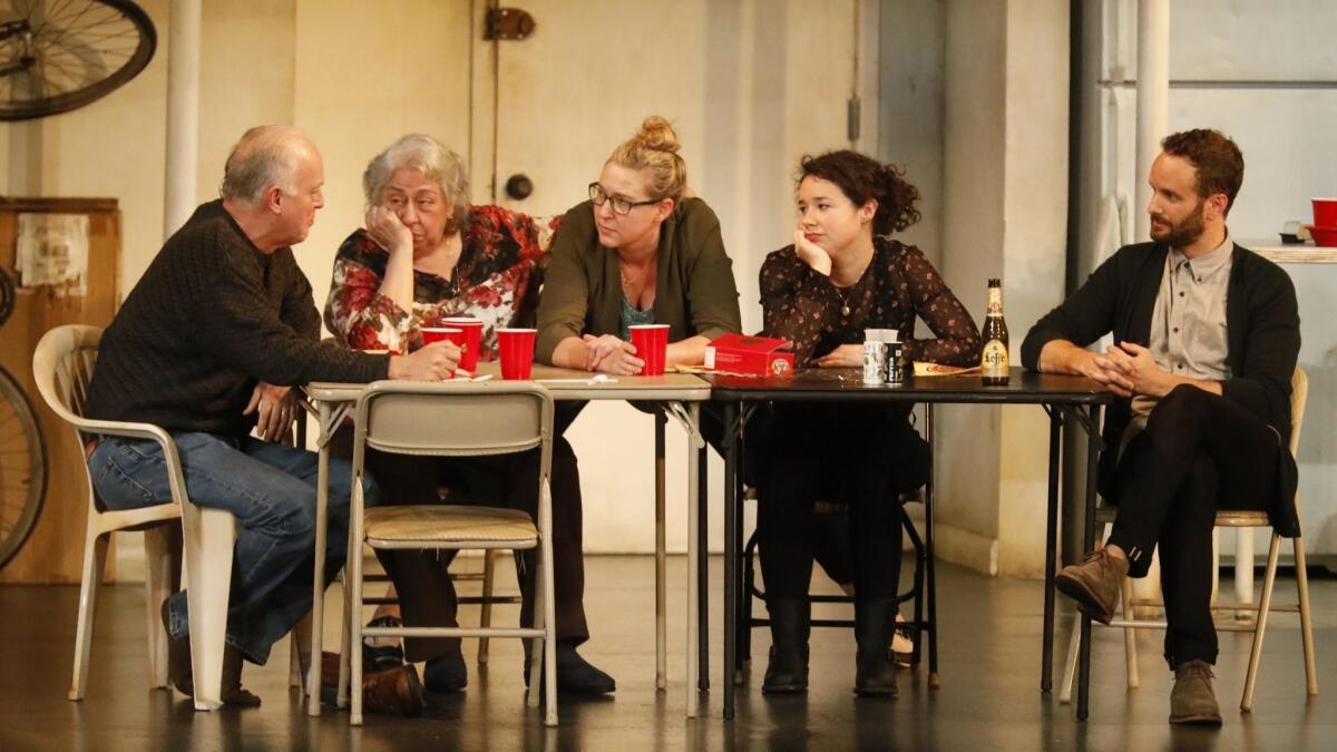 Tony winners Reed Birney and Jayne Houdyshell, left, with Cassie Beck, Sarah Steele and Nick Mills in Stephen Karam's play "The Humans" at the Ahmanson in L.A.