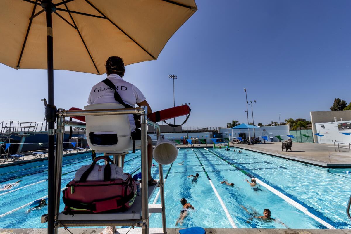Senior lifeguard Ravelle Morales, 28, keeps an eye on young swimmers at Monroe Street Pool in Carlsbad in June. 