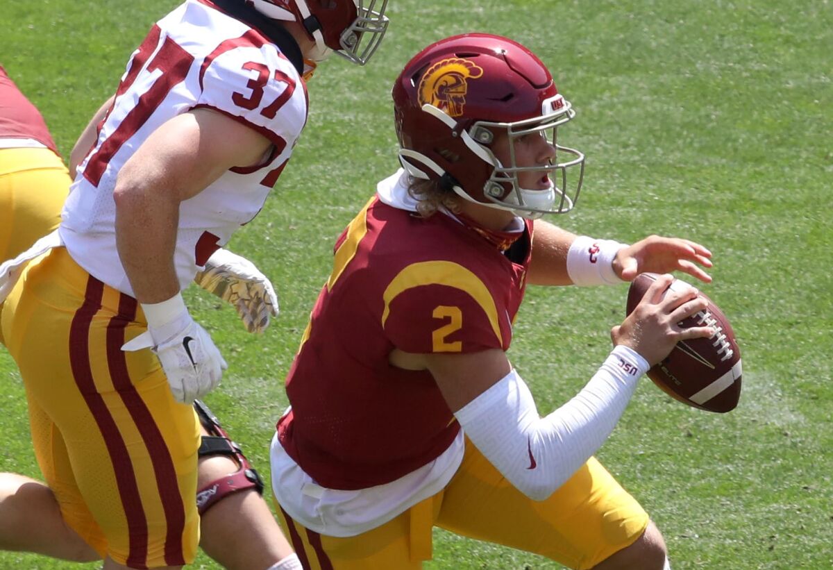 USC quarterback Jaxson Dart looks to pass during USC's spring game at the Coliseum in April.