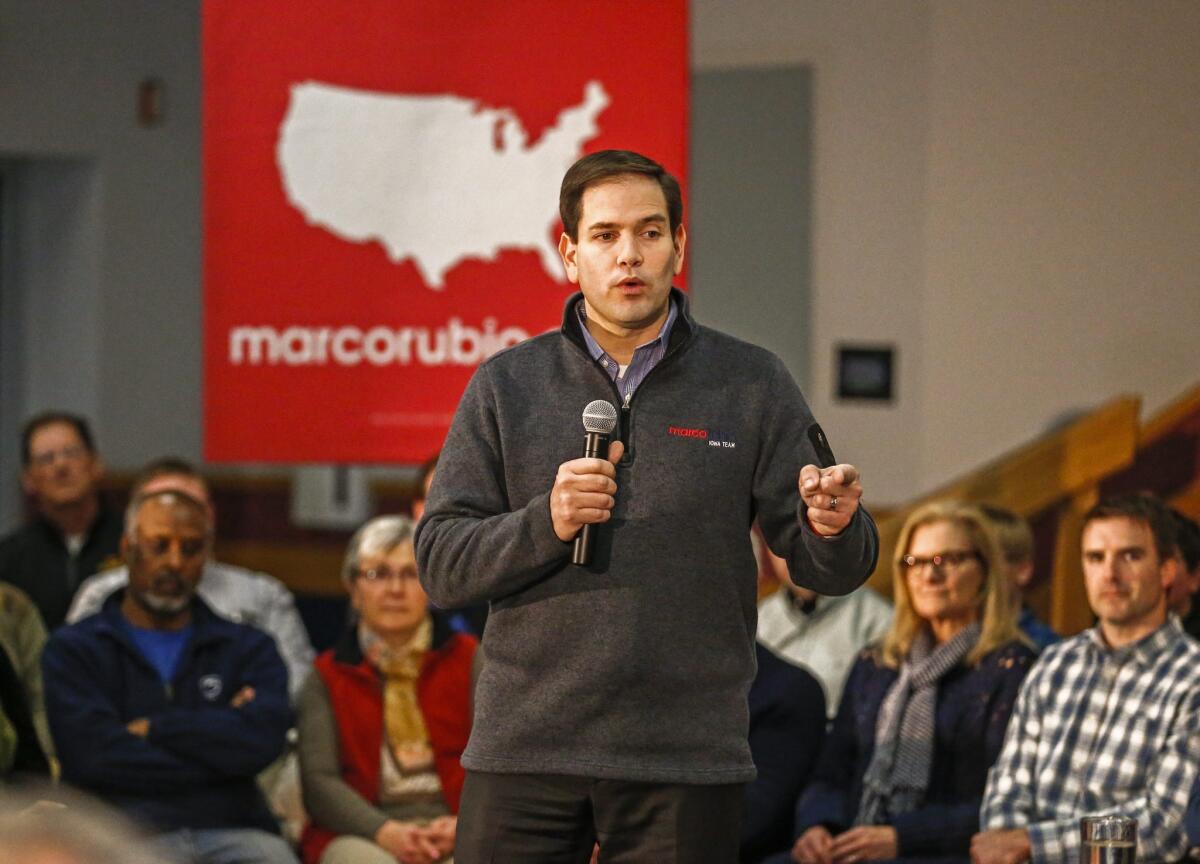 Florida Senator and Republican presidential hopeful Marco Rubio speaks at a campaign event at Marshalltown Community College in Iowa on Jan. 26.