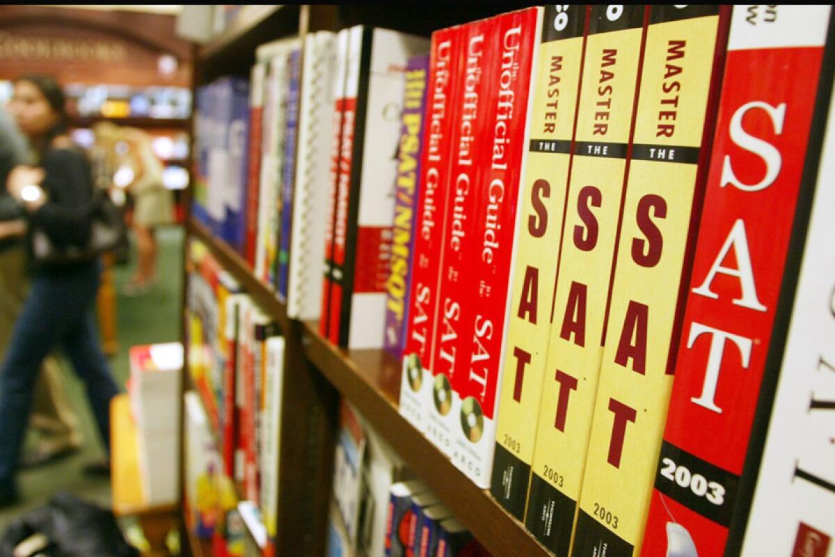SAT test preparation books sit on a shelf at a Barnes and Noble store in New York City.