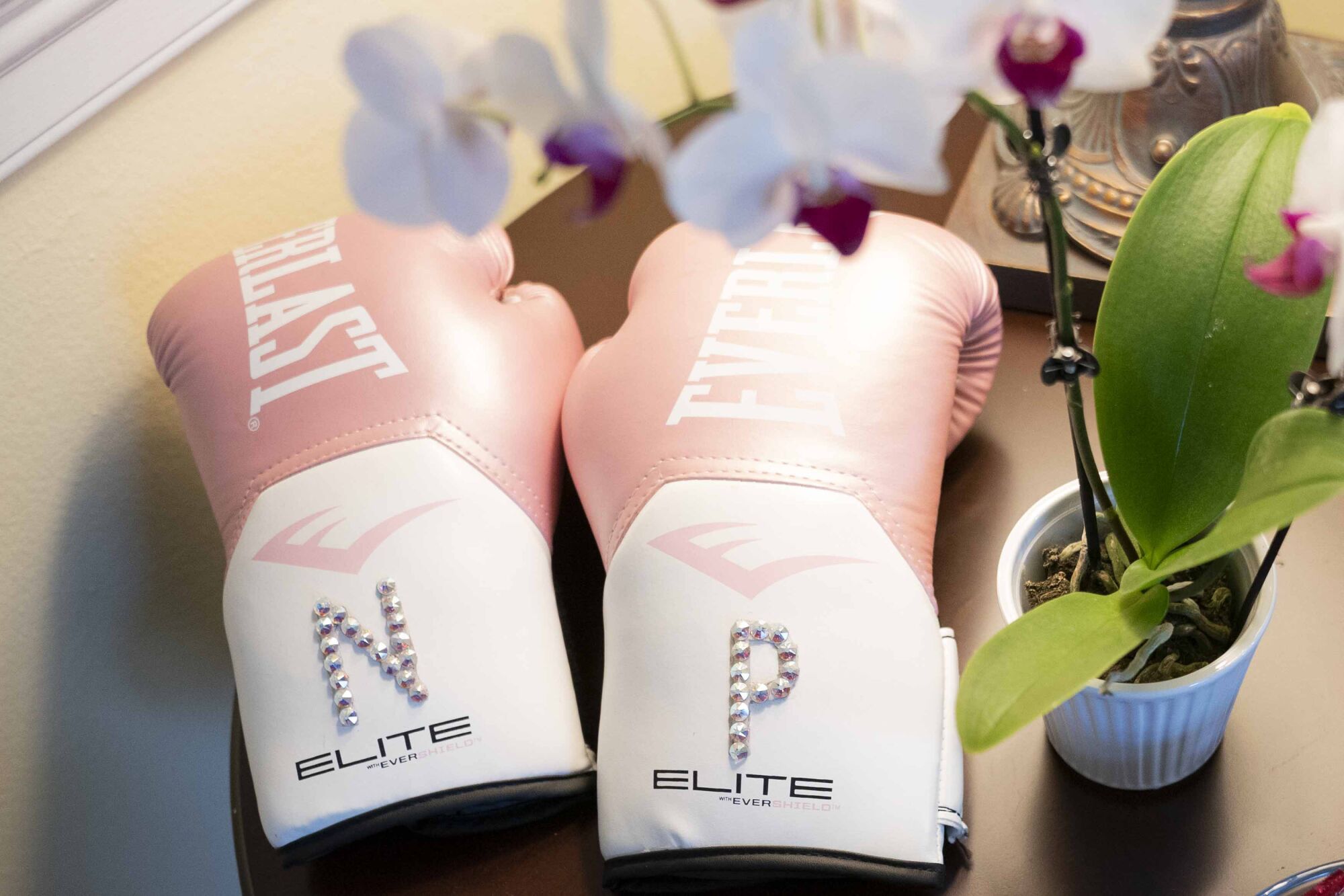 Boxing gloves embellished with a rhinestone "N" and "P" rest on a table next to orchids in Nancy Pelosi's office