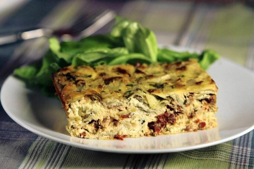 The frittata is made with artichoke and sun-dried tomato.
