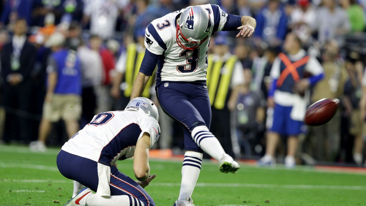 New England Patriots' Stephen Gostkowski kicks an extra point after a touchdown against the Seattle Seahawks in Super Bowl XLIX on Feb. 1.