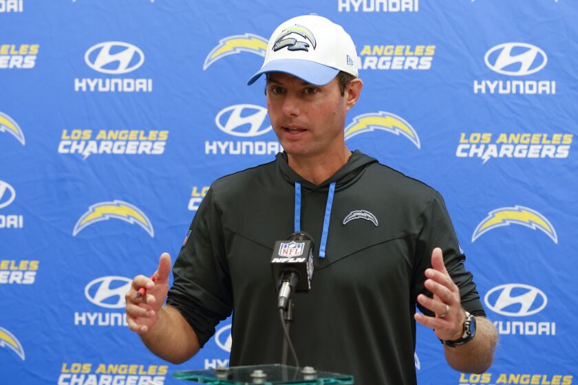 Los Angeles Chargers head coach Brandon Staley takes questions during the news conference after an NFL football game between the Cleveland Browns and the Los Angeles Chargers, Sunday, Oct. 9, 2022, in Cleveland. The Browns lost 30-28.(AP Photo/Ron Schwane)