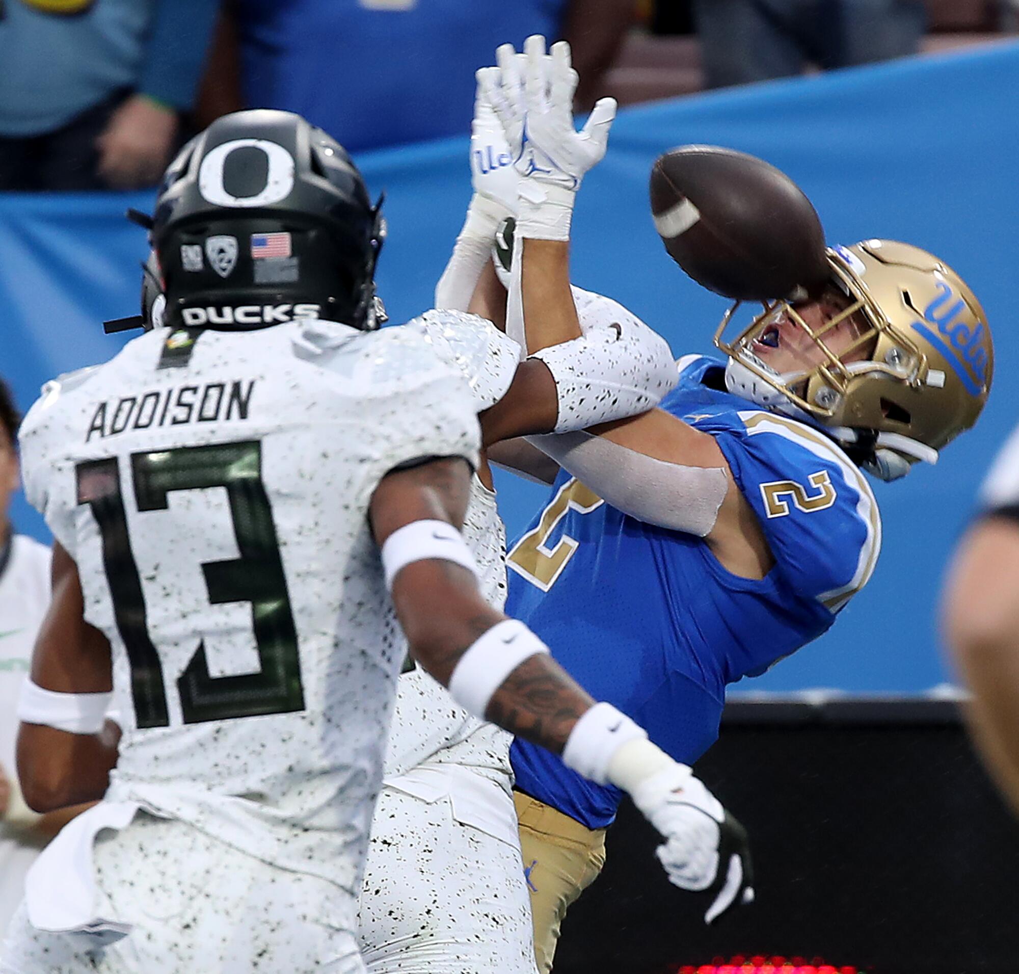  UCLA wide receiver Kyle Philips can't pull in a pass.