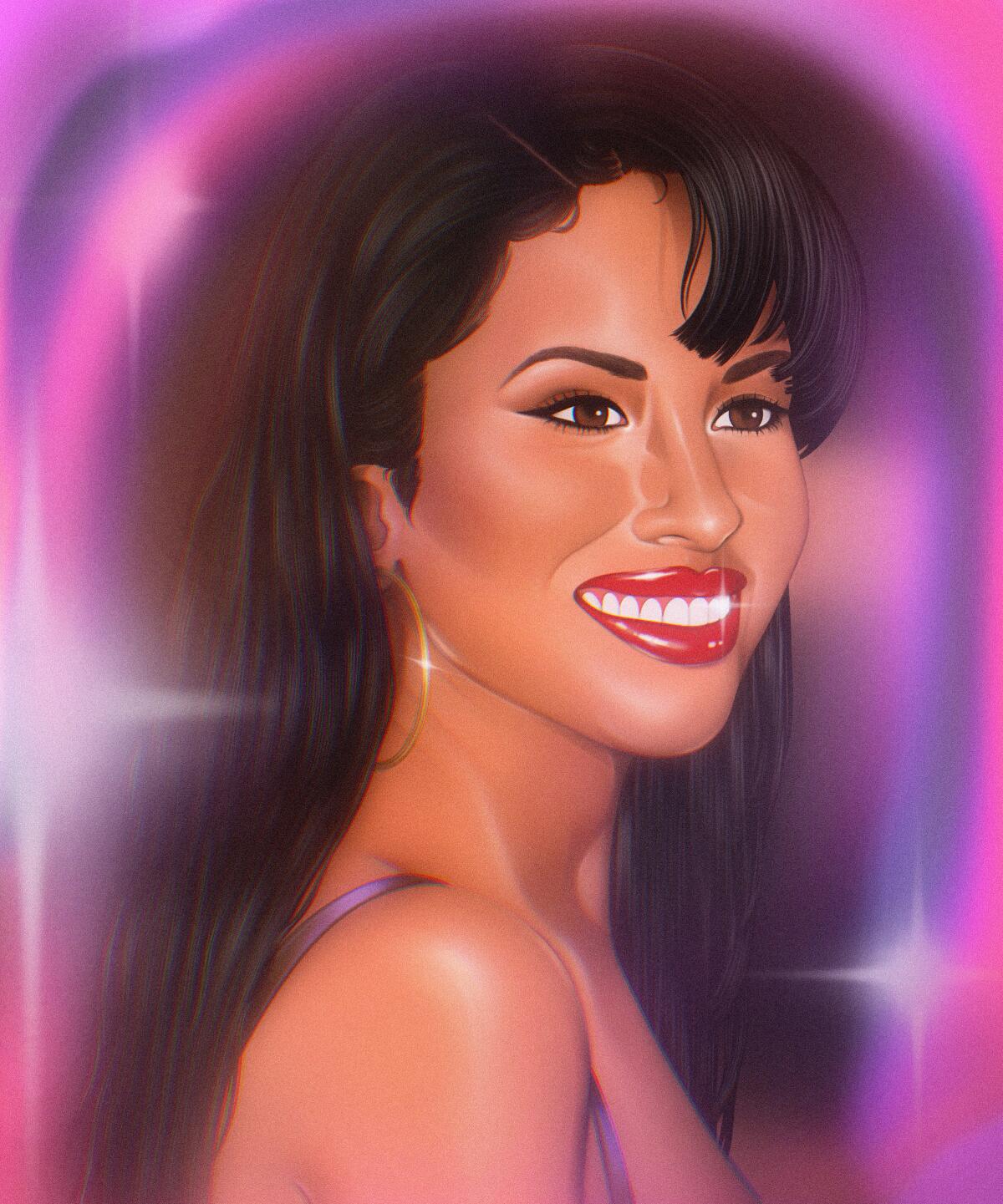 Illustration of Selena Quintanilla looking dreamy.