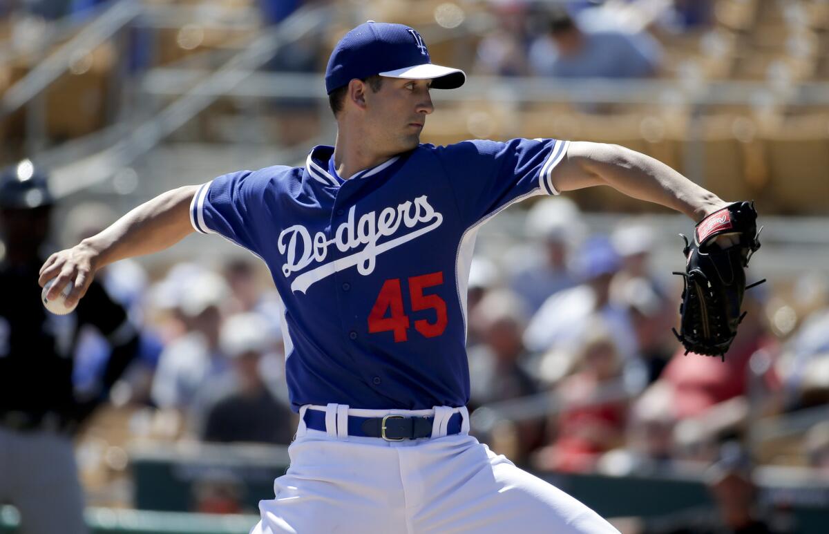 The Dodgers' Joe Wieland pitches against the Chicago White Sox during spring training in Glendale, Ariz., on March 31.