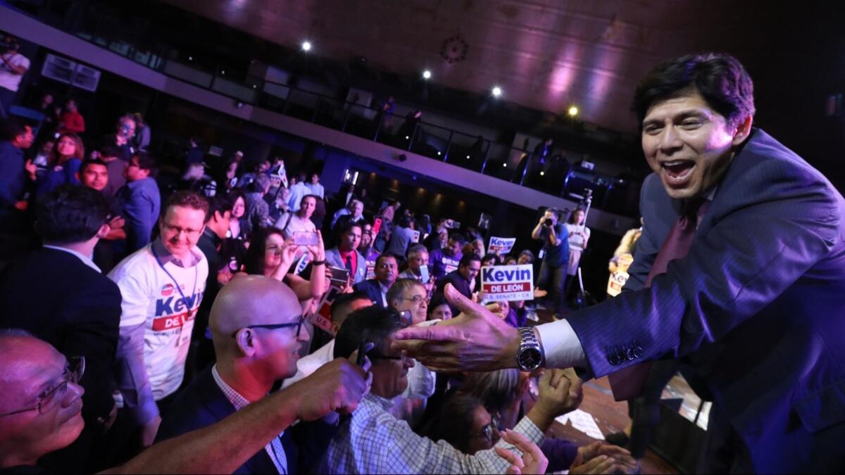 Calif. Sen. Kevin de Leon greets supporters on election night at The Exchange in downtown Los Angeles.