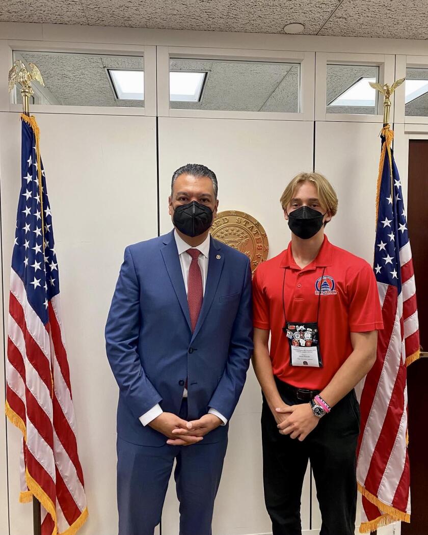 Corona del Mar High Luca Fasulo, right, is pictured with U.S. Senator Alex Padilla (D-CA) at Boys Nation.