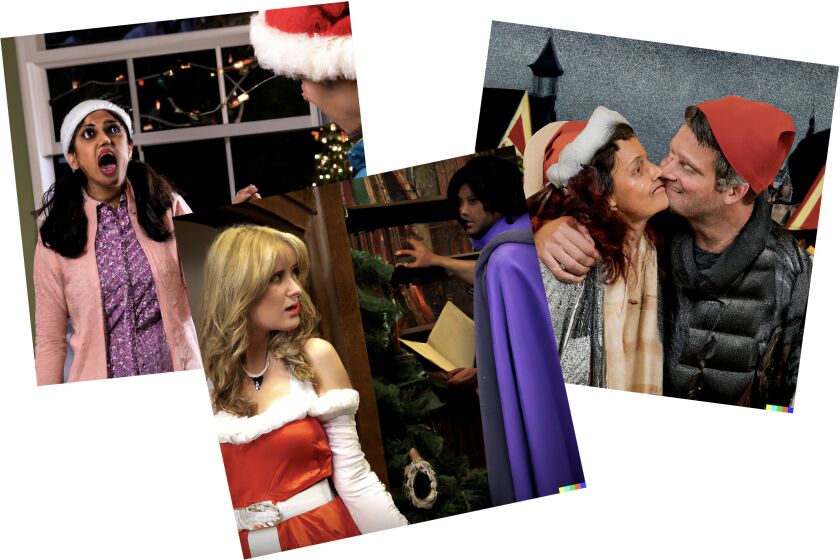 DALL-E digital illustrations of the plot synopses of the Hallmark Channel Christmas movies "Noel Next Door," "Ghost of Christmas Always" and "We Wish You a Married Christmas."