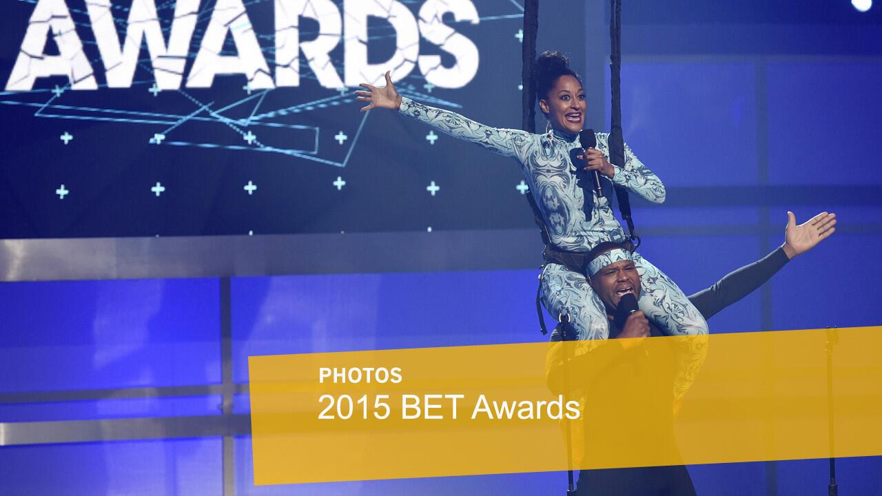 Hosts Tracee Ellis Ross and Anthony Anderson perform at the opening of the BET Awards at the Microsoft Theater on June 28.