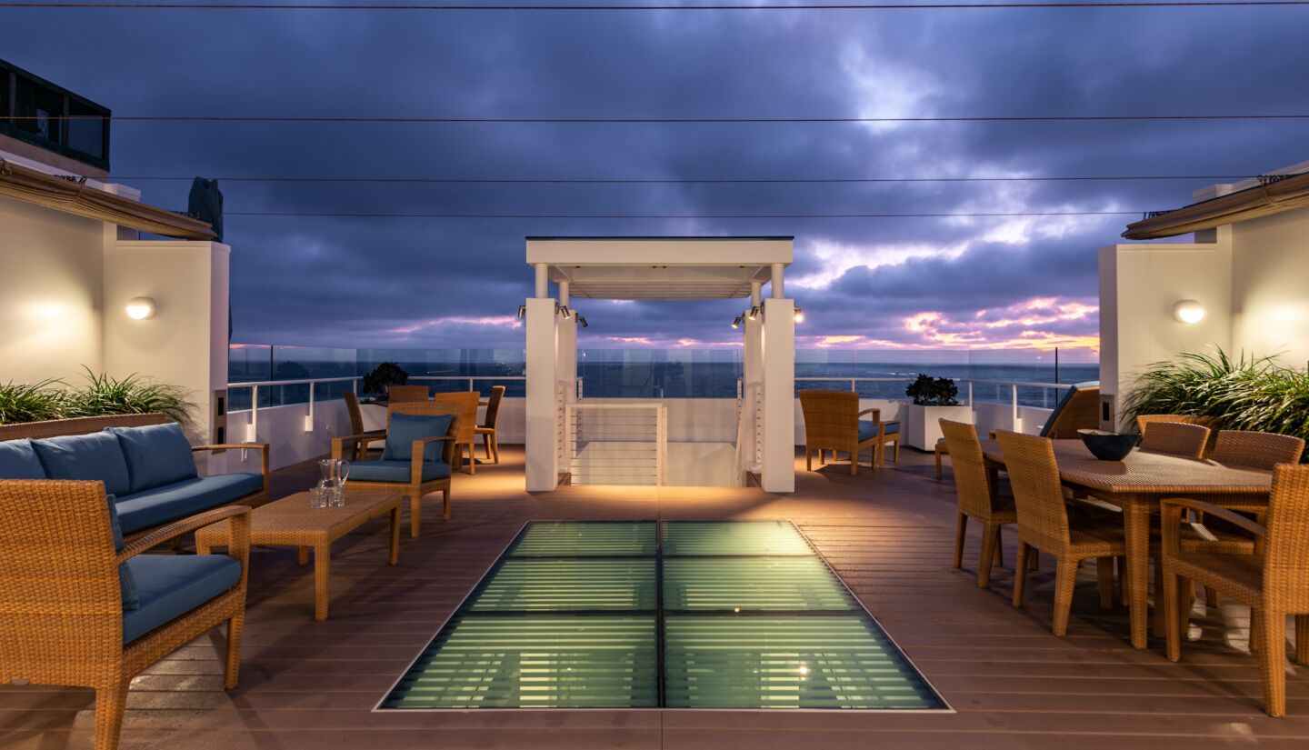 The rooftop deck at dusk.