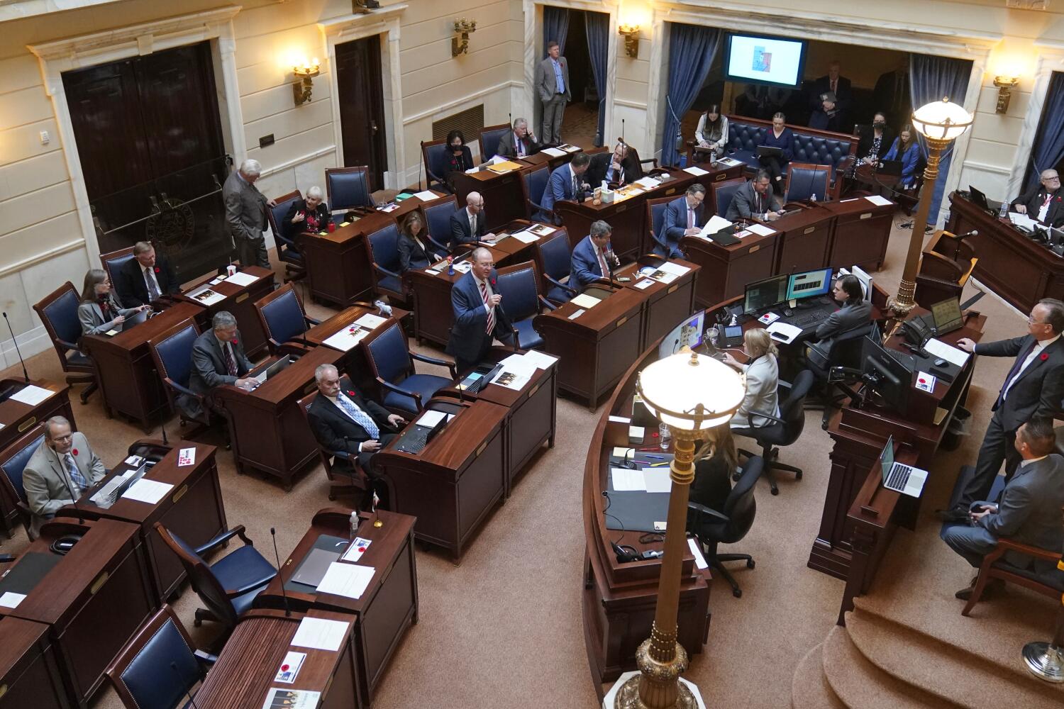 Utah Senate floor is shown Wednesday, Nov. 10, 2021, at the Utah State Capitol, in Salt Lake City. The Republican-controlled Utah Legislature approved new a congressional map Wednesday that further carves up Democratic-leaning Salt Lake County and largely ignores the work of an independent redistricting commission approved by voters. The new map now goes to GOP Gov. Spencer Cox, who indicated he will not veto it. (AP Photo/Rick Bowmer)