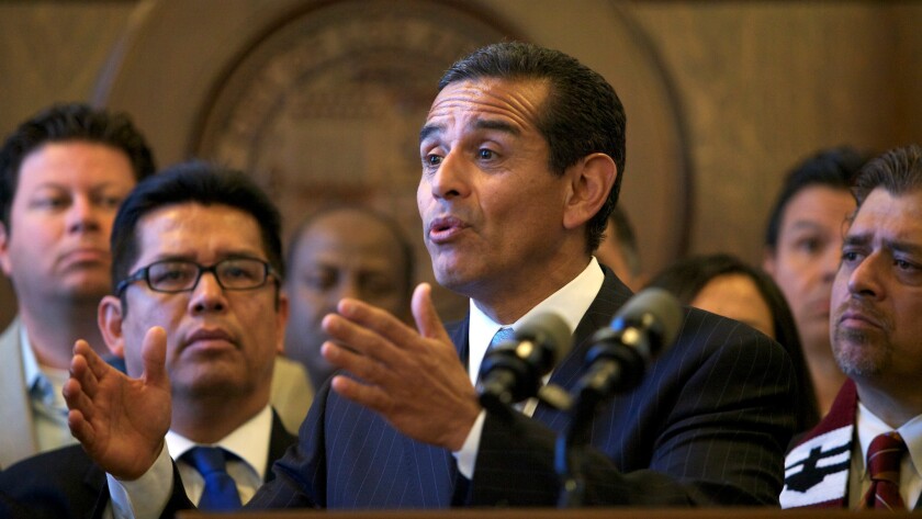 Then-Los Angeles Mayor Antonio Villaraigosa expresses his support for a boycott of Arizona at a press conference on April 29, 2010.