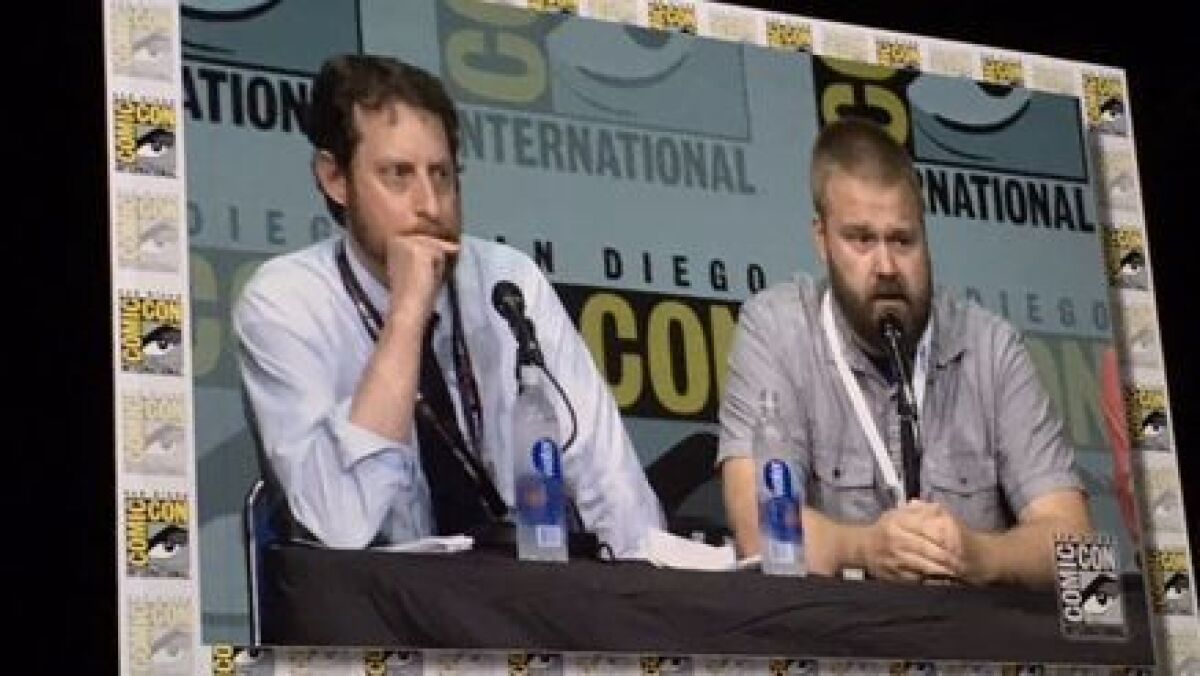 Scott Gimple and Robert Kirkman, right, in Hall H at Comic-Con in San Diego.