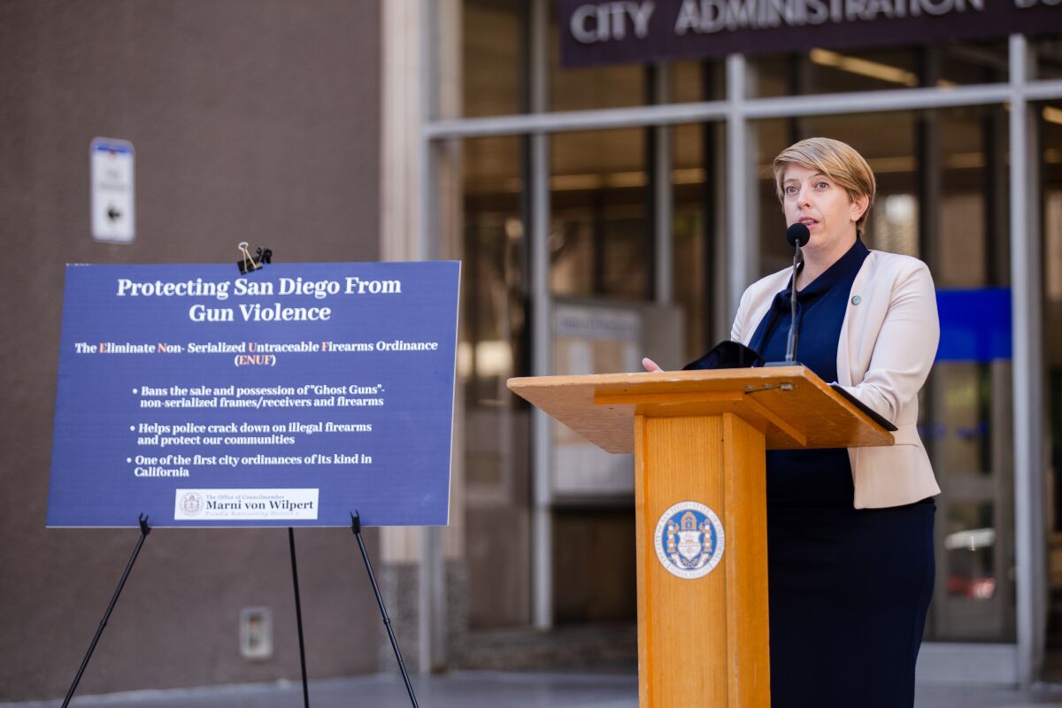 San Diego Councilmember Marni von Wilpert speaks outside the City Administration Building about ghost guns. 