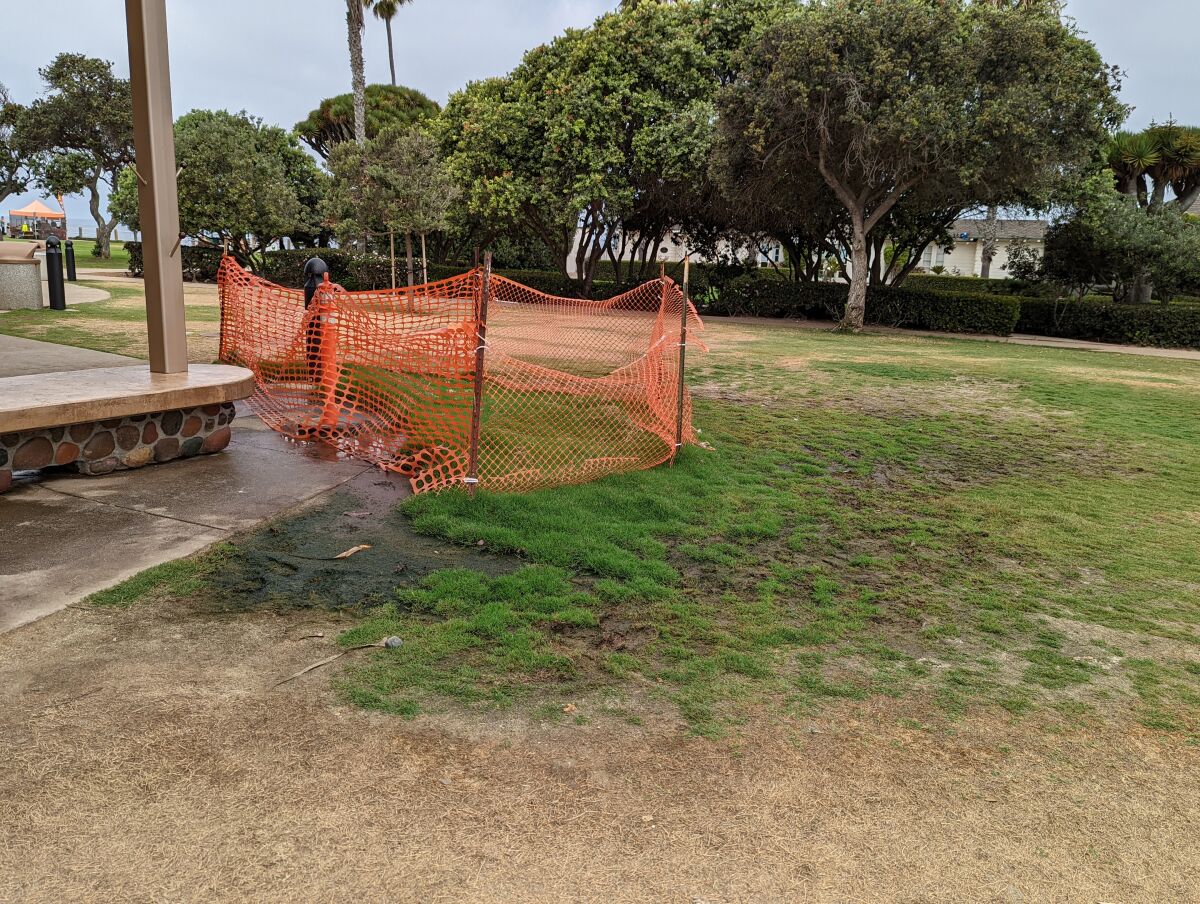 A pool of mud lies next to the showers at the Scripps Park restroom facility.