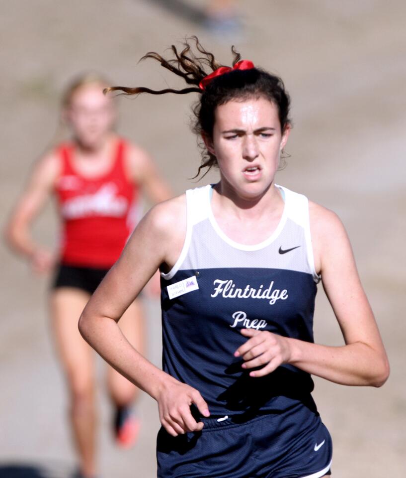 Flintridge Prep girls' varsity cross country runner, and eventual second-place winner, Natalie O'Brien led most of the way until being passed on the last hill at the Prep League Cross Country Finals at Pierce College in Woodland Hills on Saturday, Oct. 31, 2015.