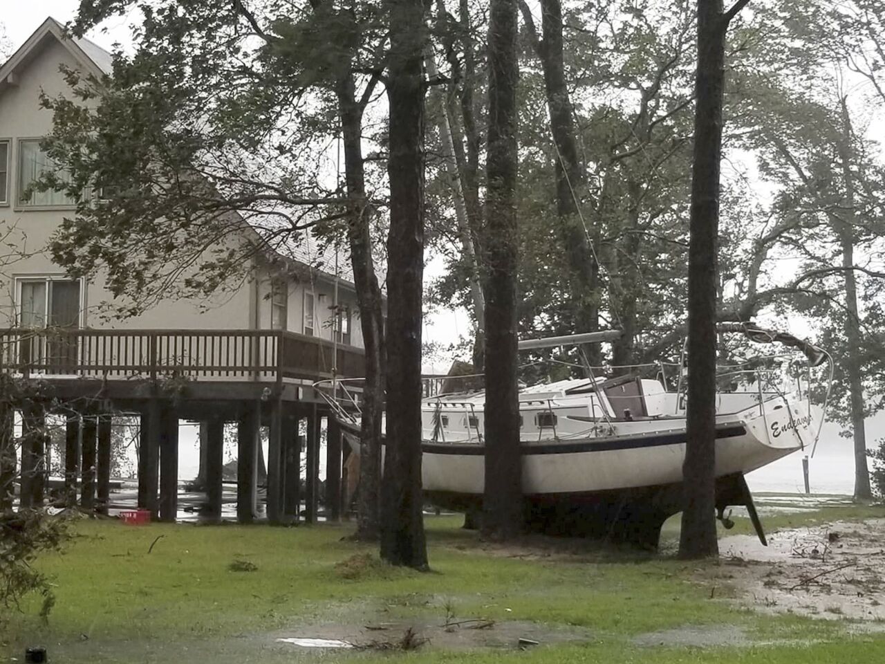 A boat is wedged in trees during Hurricane Florence in Oriental, N.C.
