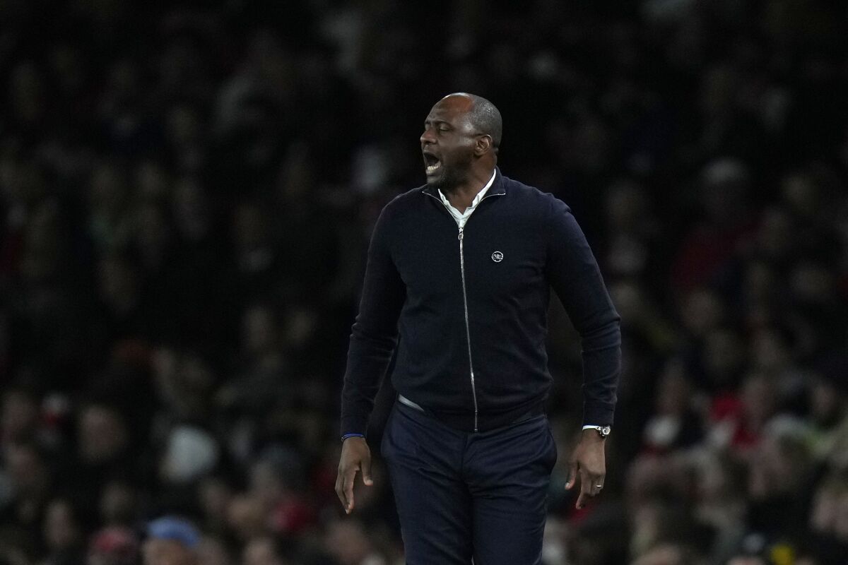 Crystal Palace's head coach Patrick Vieira reacts during an English Premier League soccer match between Arsenal and Crystal Palace at the Emirates Stadium in London, England, Monday Oct. 18, 2021. (AP Photo/Alastair Grant)