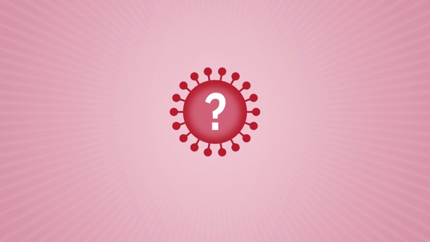 An illustration of a coronavirus with a question mark inside