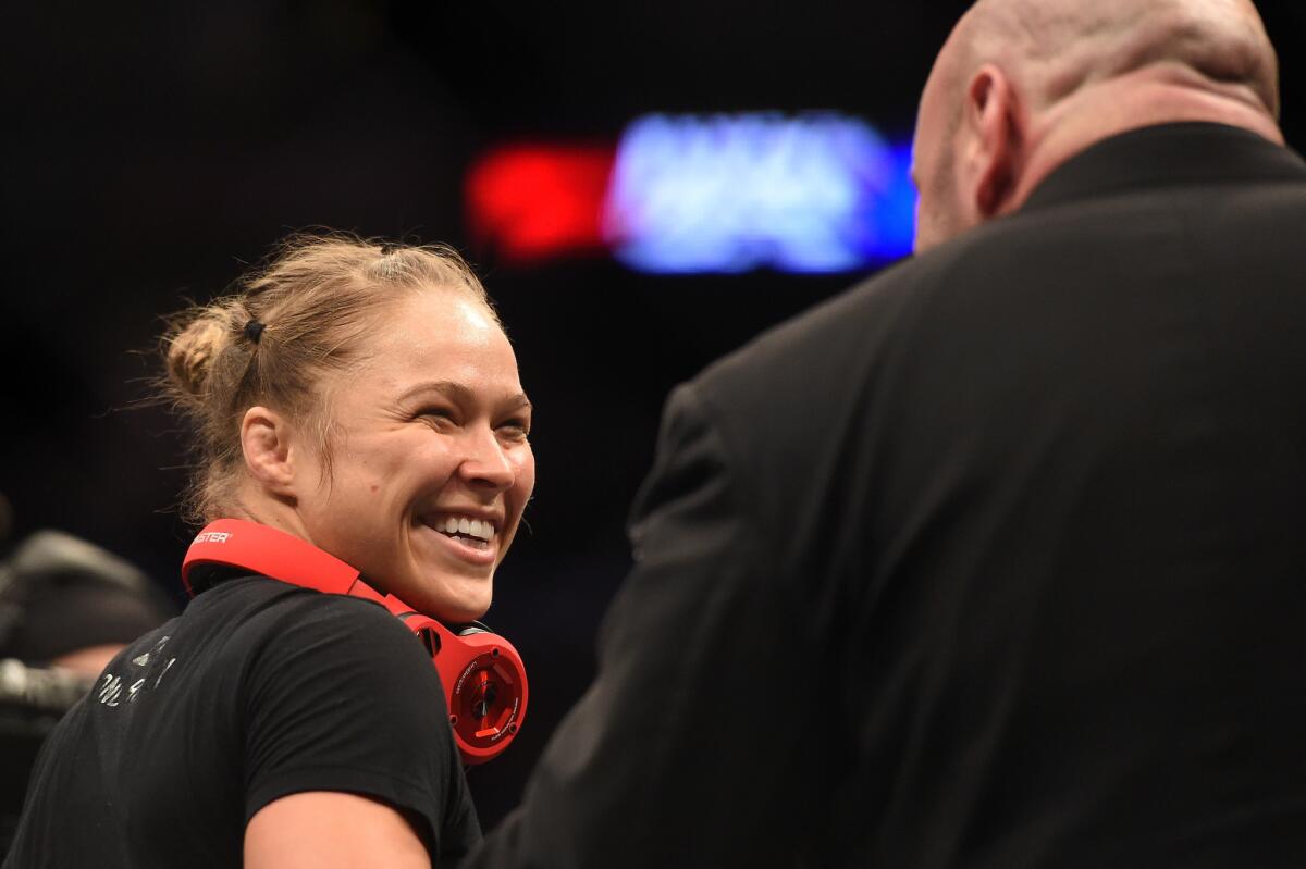UFC President Dana White congratulates Ronda Rousey on her UFC 184 victory over Cat Zingano on Saturday night at Staples Center.