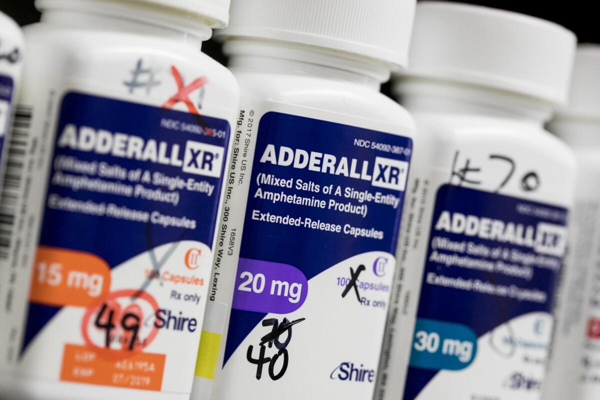 Bottles of Adderall XR prescription pharmaceuticals photographed in a pharmacy in Remington, Virginia. 