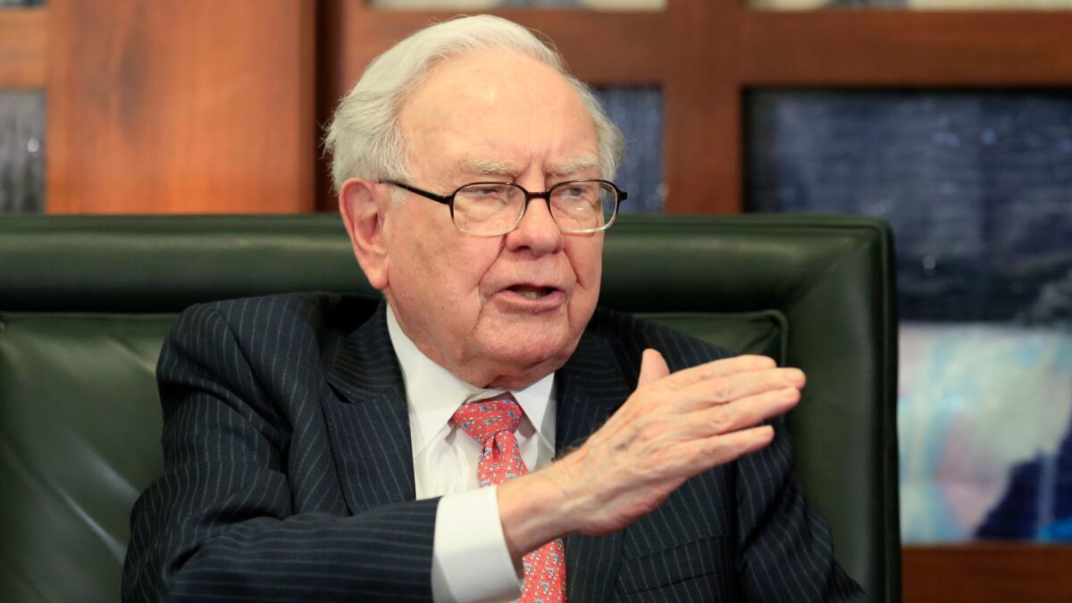 Warren Buffett speaks during an interview with Fox Business Network in Omaha on May 8.