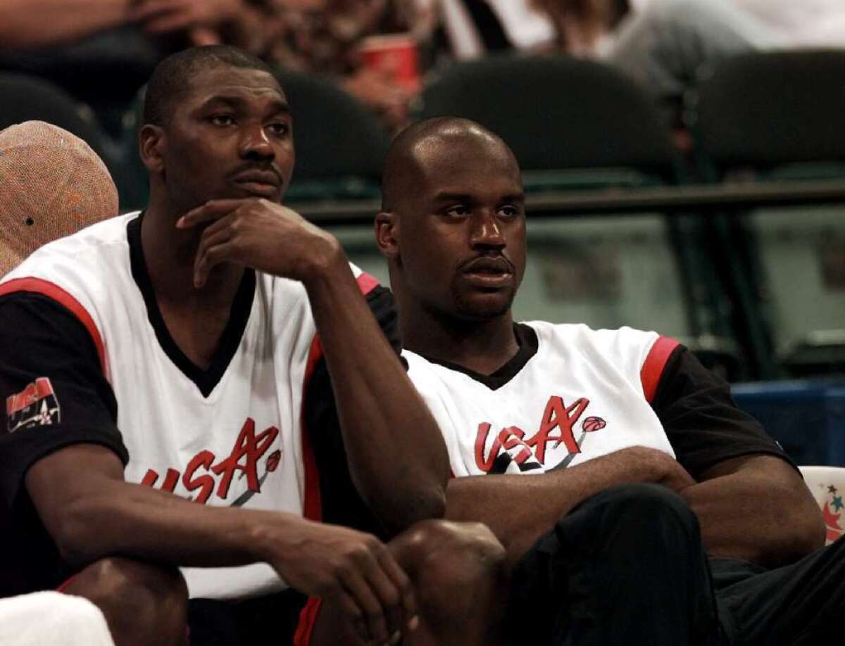 Hakeem Olajuwon, left, and Shaquille O'Neal were teammates for the U.S. in the 1996 Olympics.